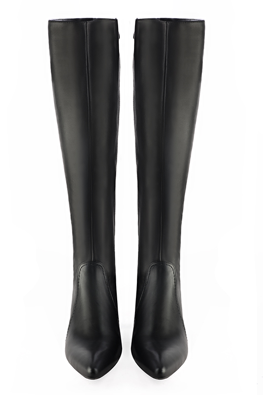 Satin black women's feminine knee-high boots. Tapered toe. Low cone heels. Made to measure. Top view - Florence KOOIJMAN